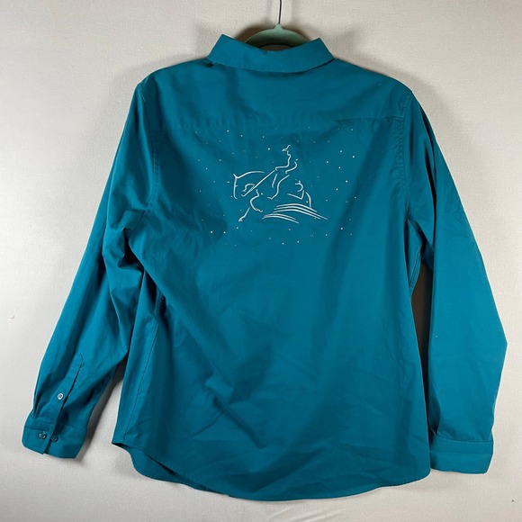 Equine Oasis Designs Ladies Long Sleeve Button Down Shirt‎ Teal Horse - Size L - Picture 2 of 7